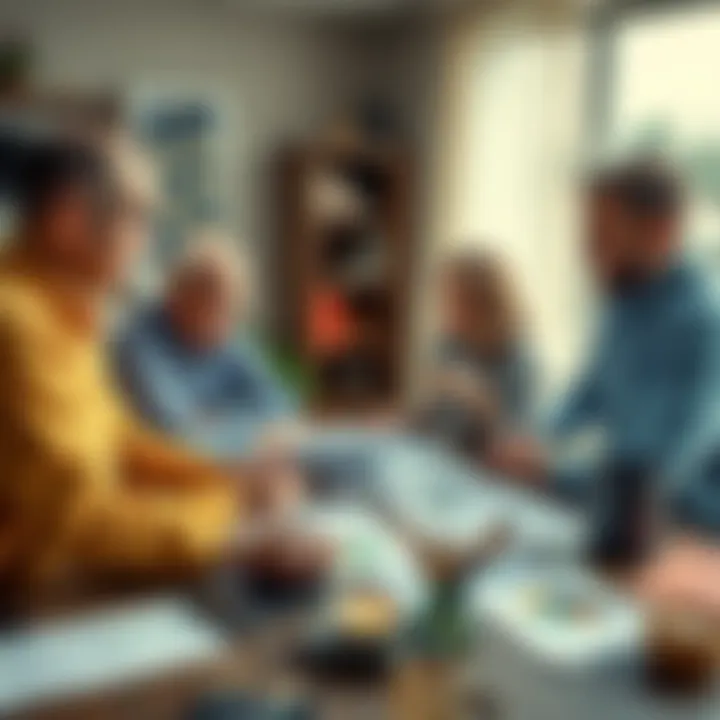 Family discussing financial success A family gathered around a table, discussing finances with charts and documents spread out, symbolizing a contrast between astrological predictions and actual wealth.