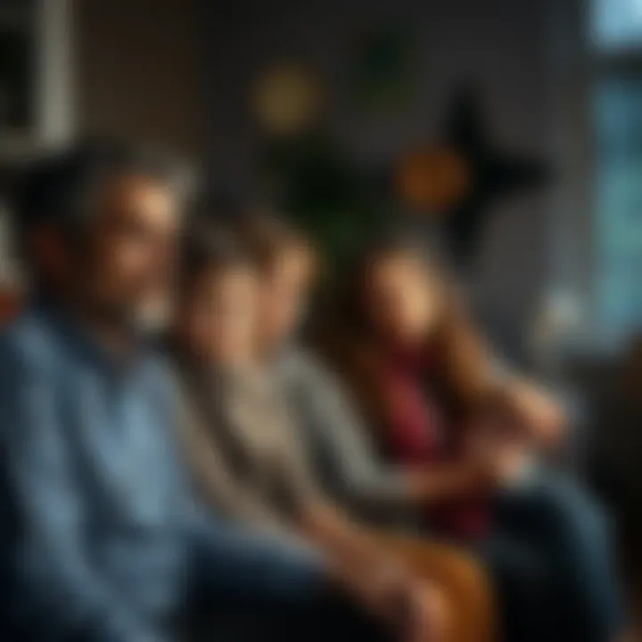 A family sitting together, looking distant and disconnected from one another, expressing emotional struggles in their relationships.