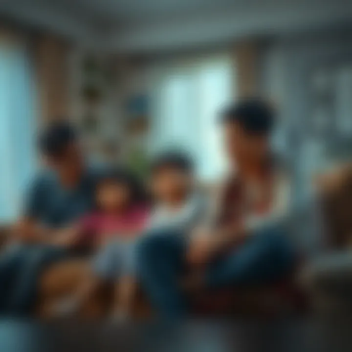 A family sitting together in a living room, showing expressions of sorrow and support after the loss of their father.