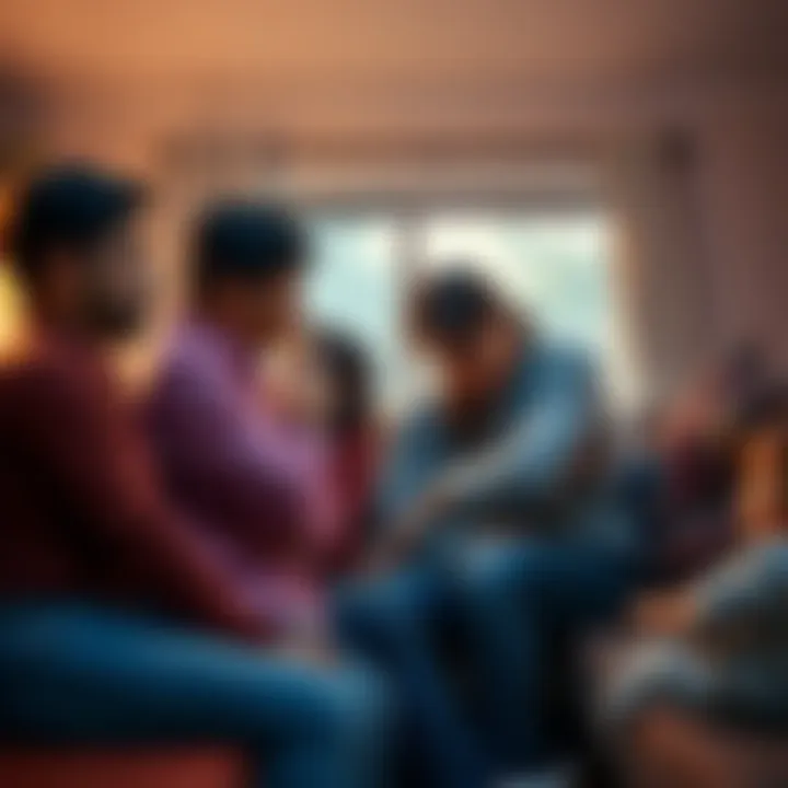 A family gathered in a living room, embracing each other, looking sorrowful and lost in thought after the tragic loss of a brother.