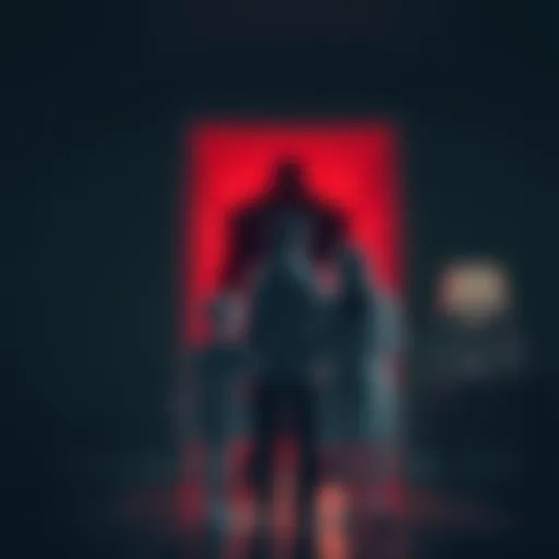 A family stands together in a dimly lit room, looking frightened as they see a shadowy figure with red eyes in the background.
