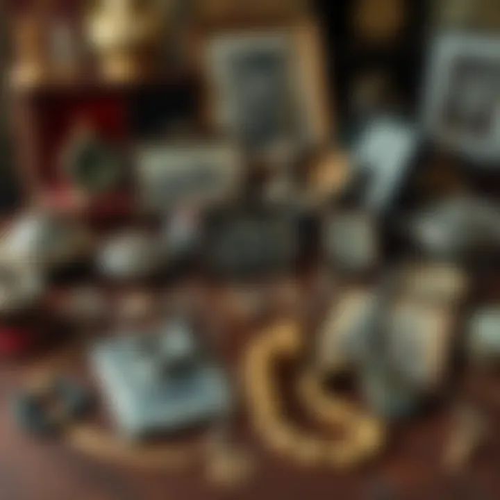 Family Heirlooms Displayed A collection of family heirlooms on a wooden table, including vintage jewelry, old photographs, and decorative artifacts, showcasing the history of a family.