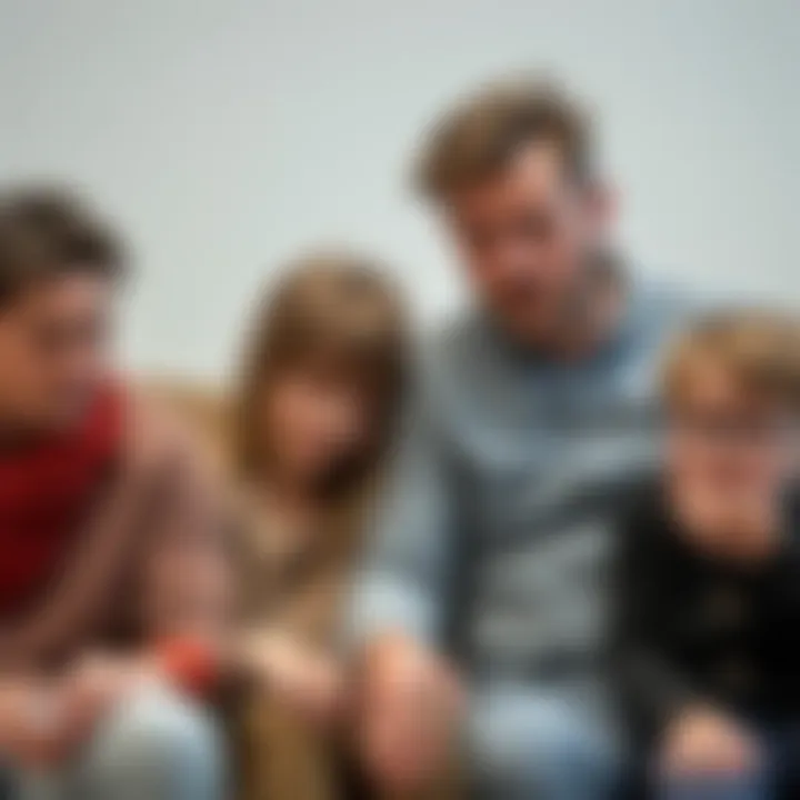 A family sitting together, but showing signs of tension and discomfort in their expressions, illustrating a narcissistic family dynamic.