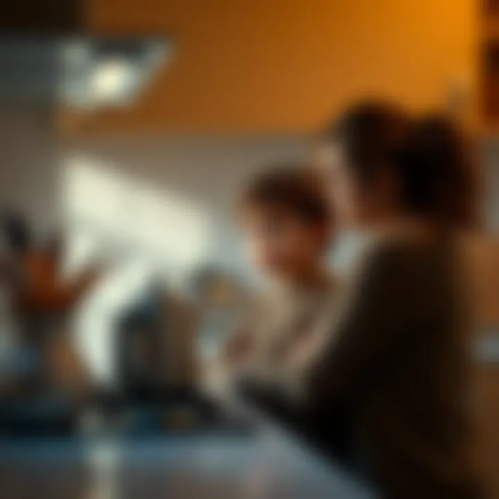 A kitchen scene showing a mother and child discussing hot water while looking at a kettle on the stove. The child looks confused while the mother appears confident about her memories.