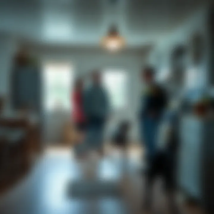 A family stands in a renovated kitchen of a 200-year-old farmhouse, with a dog barking at an unseen presence.