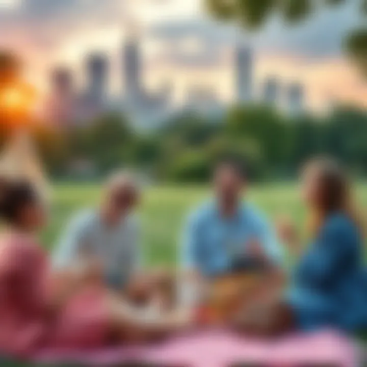 A family of four having a picnic in a park, with a vibrant city skyline in the background, representing a balance of career and family life.