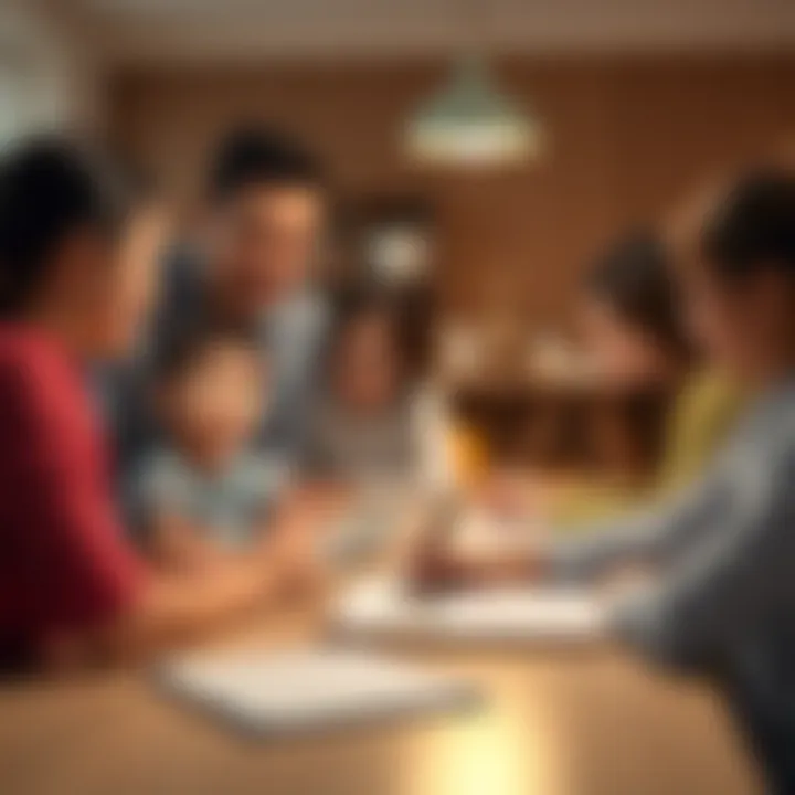 A family gathered around a table discussing future children, with a notepad and baby pictures in front of them.