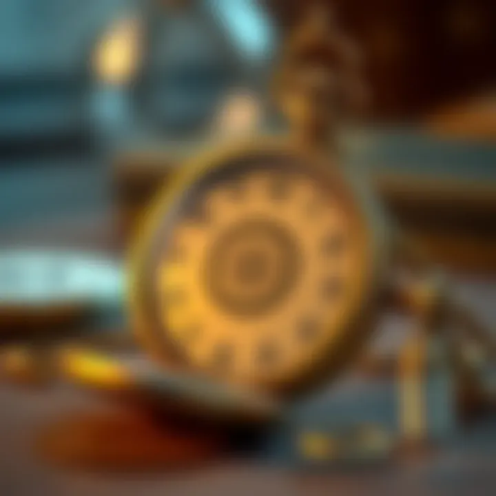 A close-up view of a vintage family pocket watch showing a unique symbol on its surface, resting on a wooden table.