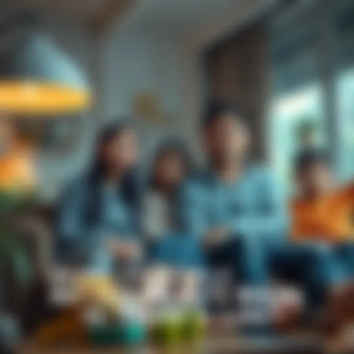 A family sitting in their living room looking concerned after heavy rain, showing signs of illness with worried expressions.