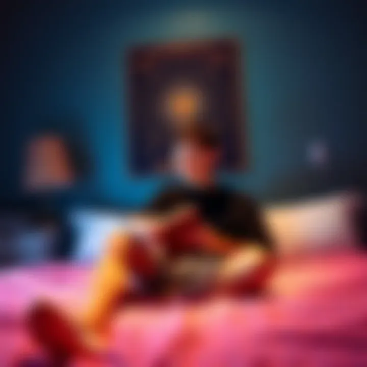 A teenager sits on a bed, looking thoughtful, with a psychedelic art poster on the wall. He holds a journal, contemplating family issues. 