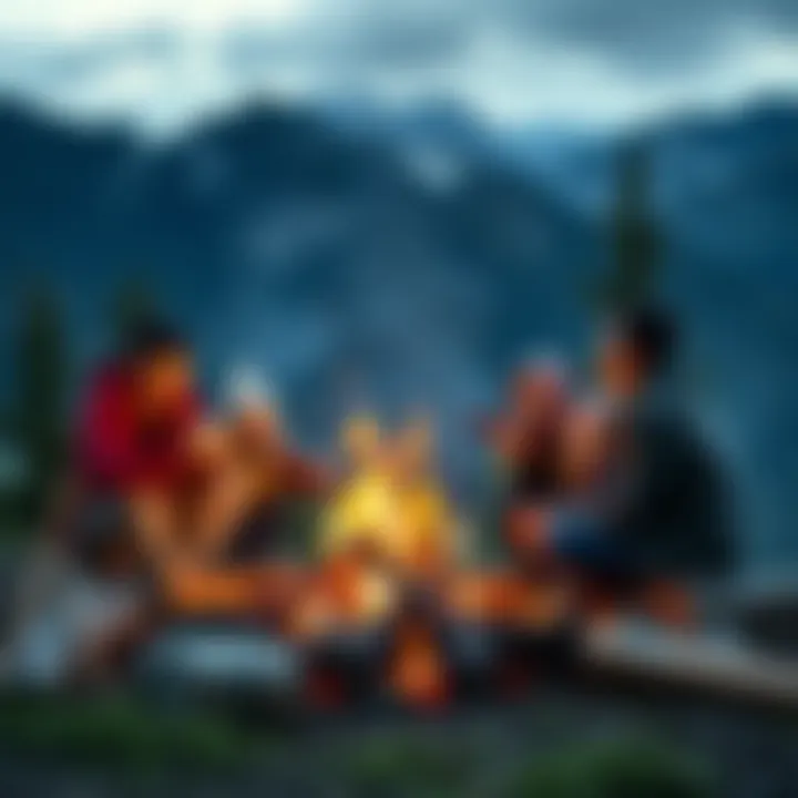 Family Roasting Hotdogs in the Mountains A family gathered around a campfire roasting hotdogs in a beautiful mountain setting with trees in the background
