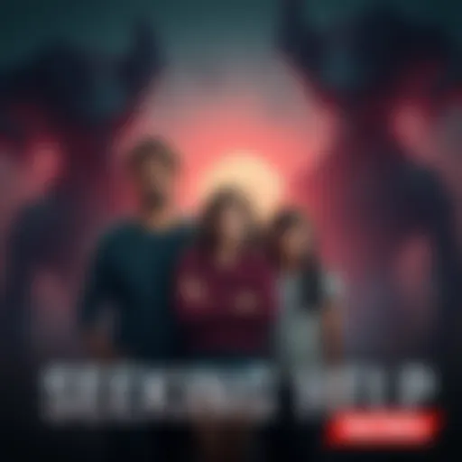 A family stands together looking worried, while shadows of a demon-human hybrid loom behind them, symbolizing their struggles.
