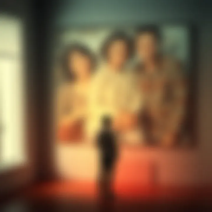 A person standing alone, looking contemplative, with a blurred family photo in the background, representing the struggle of cutting off family ties.
