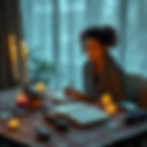 A person sits at a table with candles, crystals, and a notebook, exploring family issues and spiritual connections.