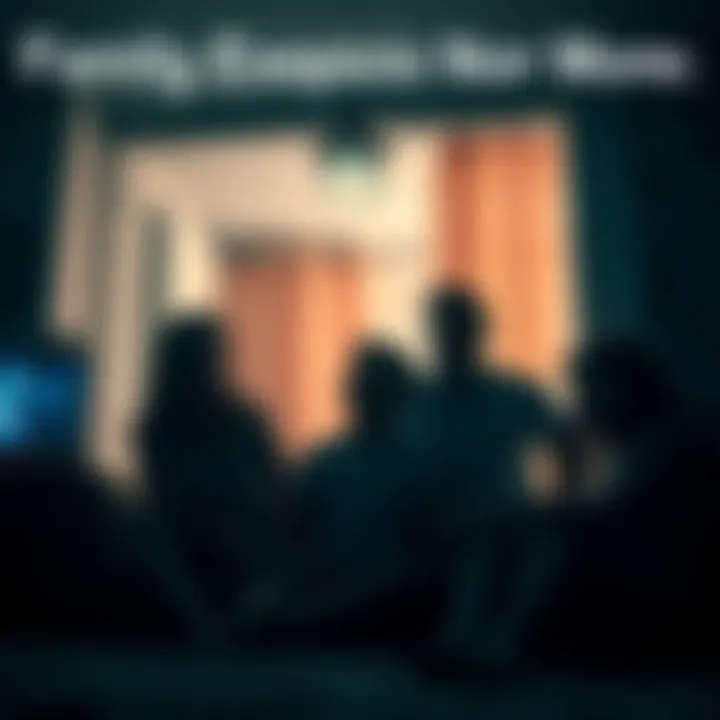 A family looks worried in a dimly lit room as they notice strange occurrences, with shadows and flickering lights around them.