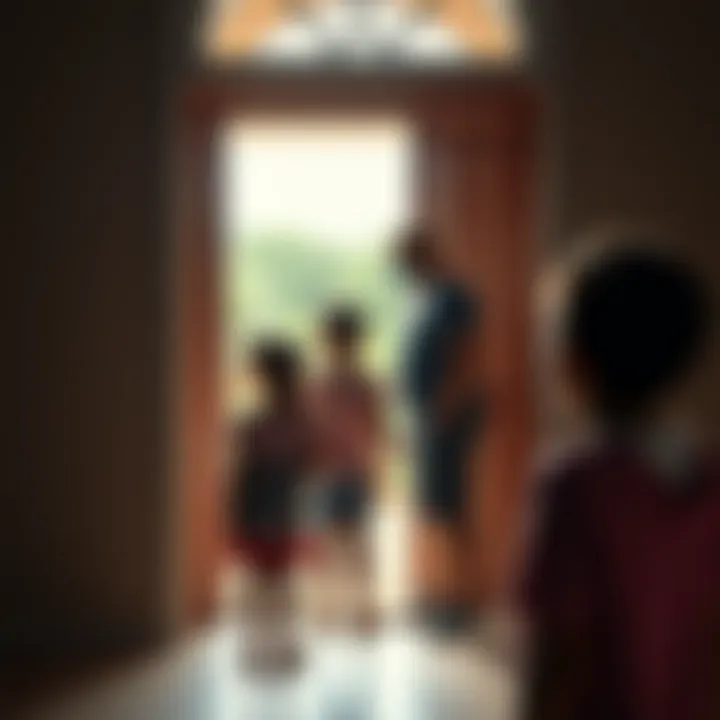 Family experiencing strange voice A family standing outside a door in a vacation home, looking confused and concerned after hearing a voice that sounds like their father, who is not present.