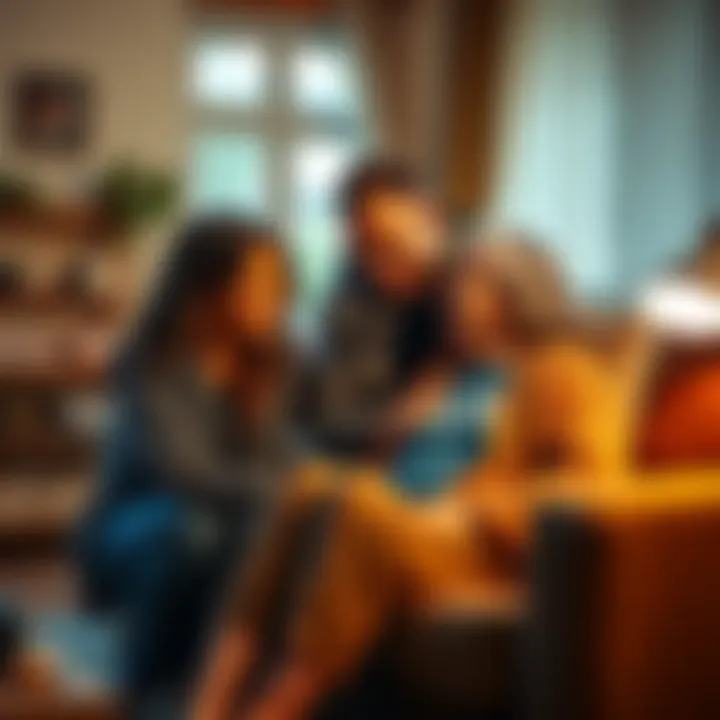 A family member assisting a woman in recovery from knee surgery, providing emotional support with a smile in a cozy living room setting.