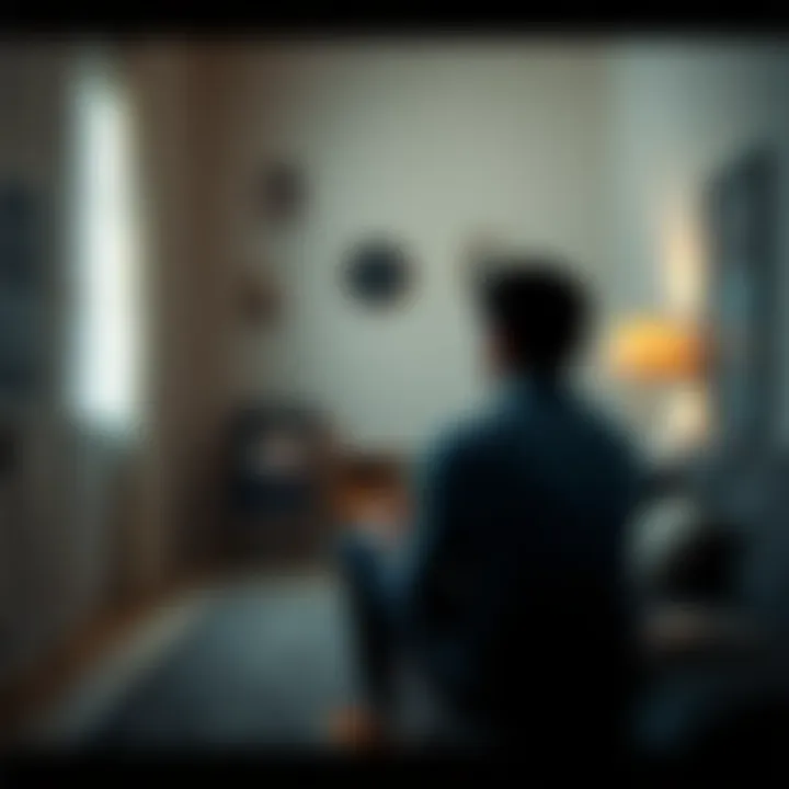 Individual sitting alone, looking contemplative in a quiet room, surrounded by family photos that evoke strong emotions.