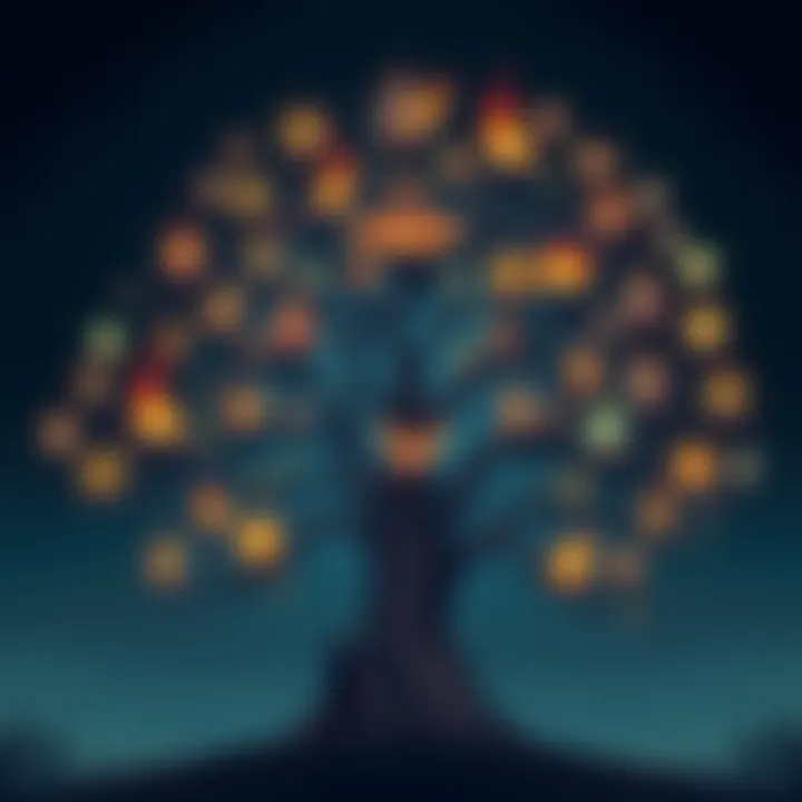 A detailed family tree with various symbols representing different beliefs and values, showing connections and conflicts between family members
