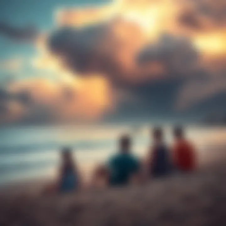 A family and friends relaxing on a beach in California, with dark clouds forming on the horizon, symbolizing impending disaster.