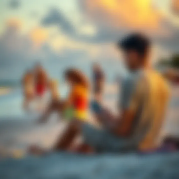 A stressed person sitting on a beach, looking at their phone while family plays in the background, showing a disconnect from the moment.