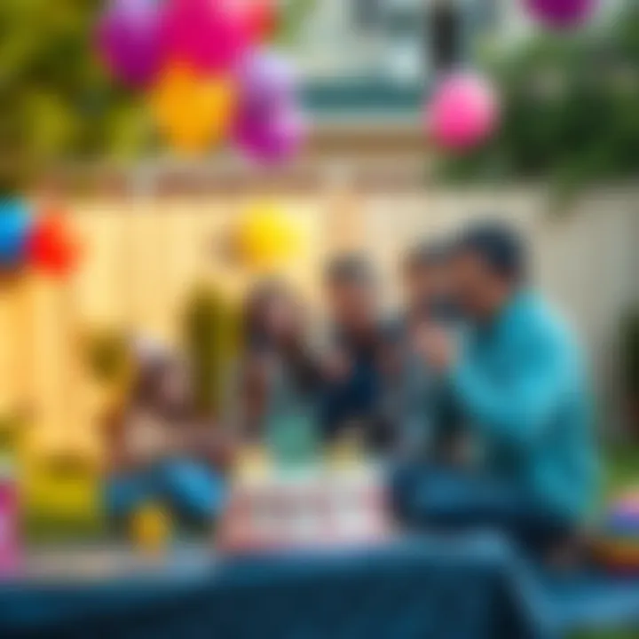 A family gathered in a backyard celebrating a birthday, holding walkie talkies while looking surprised at unexplained signals, with balloons and a cake in the background.