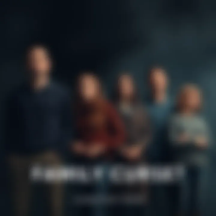 A family standing together, looking worried and thoughtful, symbolizing a generational struggle. They appear to be discussing their fears about a family curse.