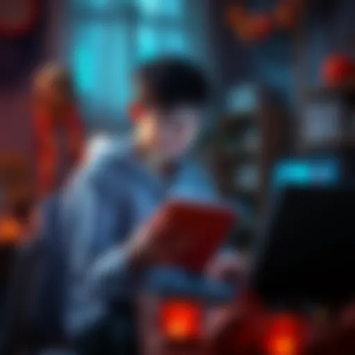 A student holding a notebook while watching MrBallen's videos on a laptop, surrounded by spooky decorations
