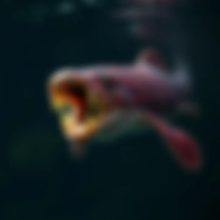 A fangtooth eel swimming in dark waters, showcasing its sharp teeth and unique features, resembling a legendary Kelpie.