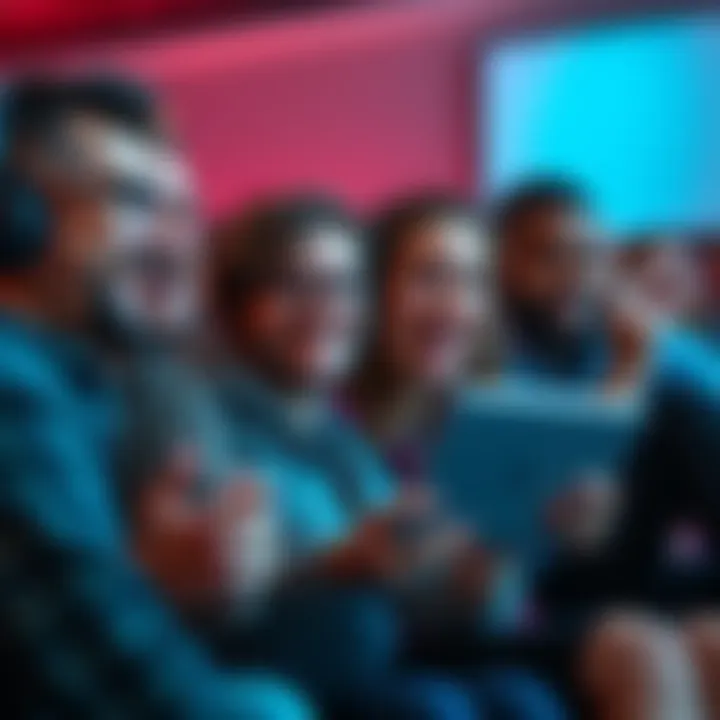 A group of fans sharing their frightening experiences from a horror TV show, with expressions of fear and excitement on their faces.