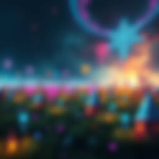 An expansive fantasy field filled with colorful magic symbols and whimsical creatures, where adventure awaits.