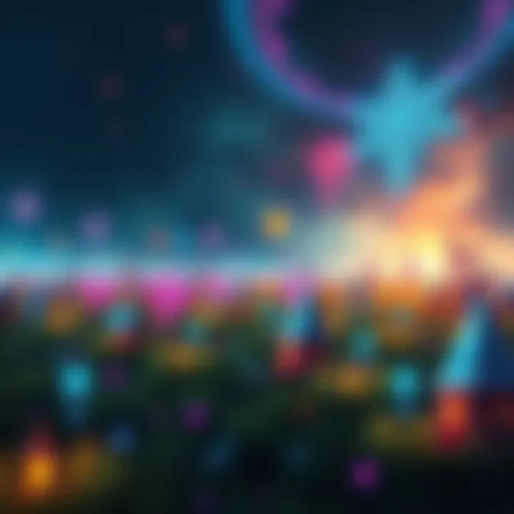 An expansive fantasy field filled with colorful magic symbols and whimsical creatures, where adventure awaits.