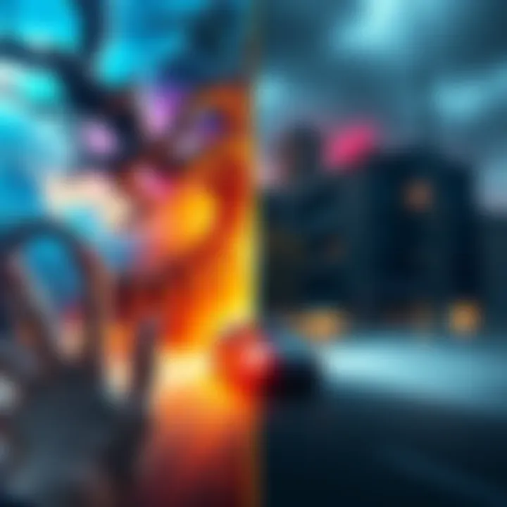 A split image showing a vibrant fantasy world on one side and a realistic urban scene on the other, highlighting the contrast between imagination and reality.