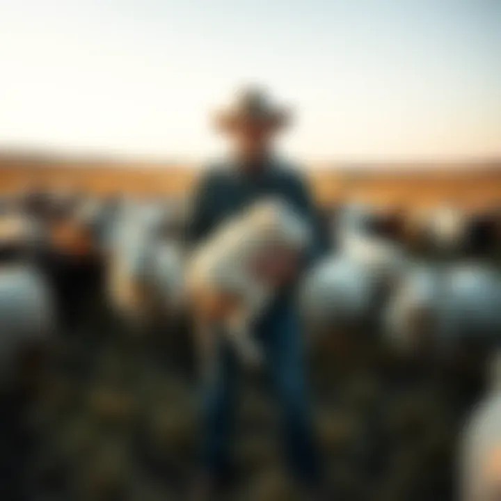 A farmer stands in a field with sheep and goats, holding a bundle of wool and mohair, expressing concerns over PETA's stance on natural fibers versus synthetic materials.