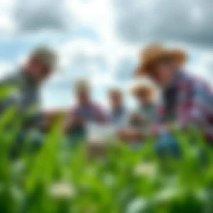 Farmers examining tick samples in a field, surrounded by nature, while discussing recent Lyme disease rumors.
