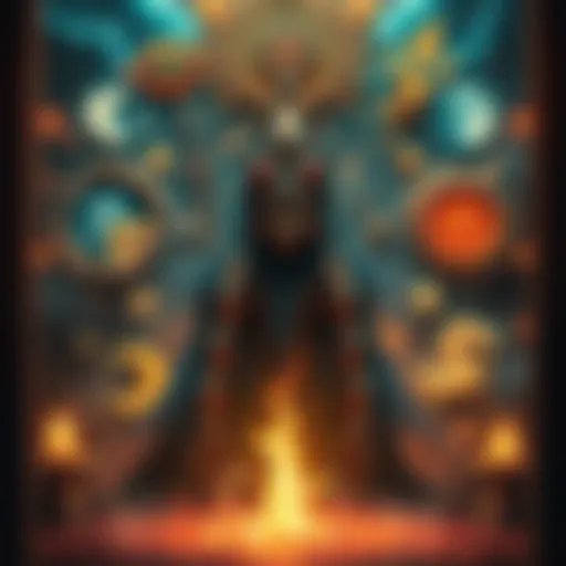 A depiction of a mysterious deity surrounded by symbols from various cultures, inviting viewers to ponder its identity.