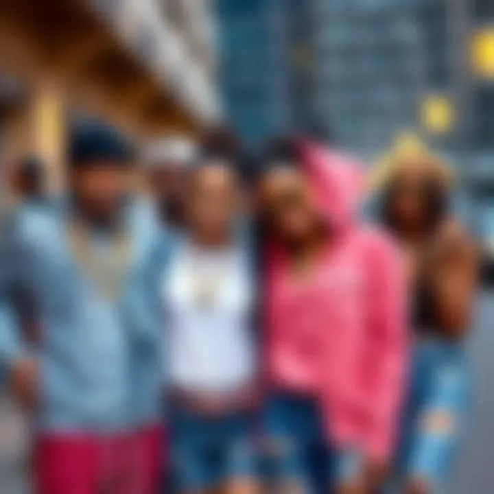 A group of young people showcasing trendy bling accessories and stylish outfits, smiling and posing together in an urban setting.