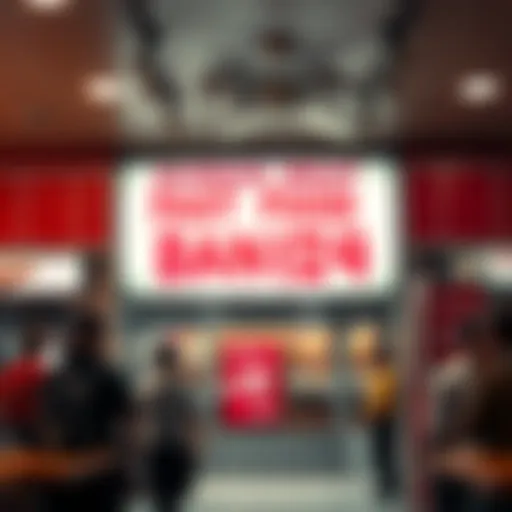 A fast food restaurant featuring a sign that hints at a bizarre conspiracy involving human meat, with curious customers looking on.