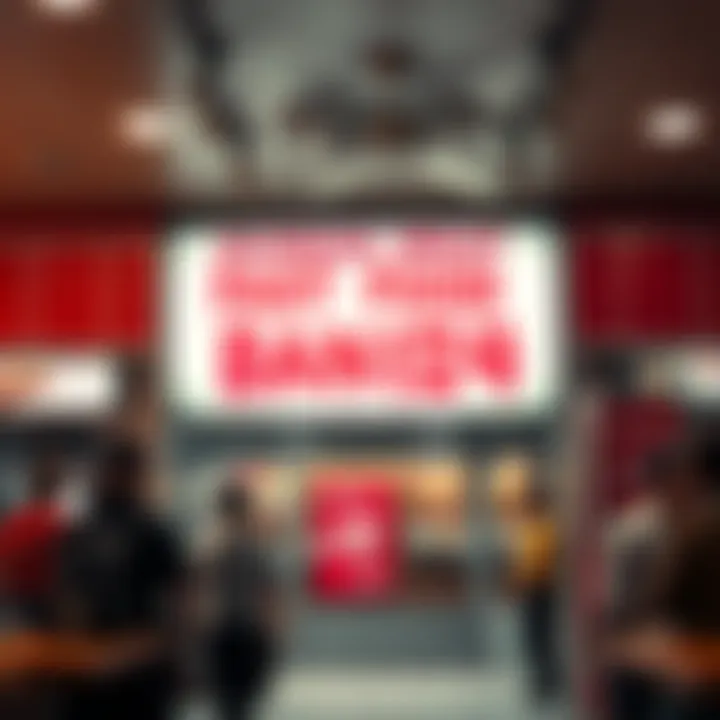 A fast food restaurant featuring a sign that hints at a bizarre conspiracy involving human meat, with curious customers looking on.