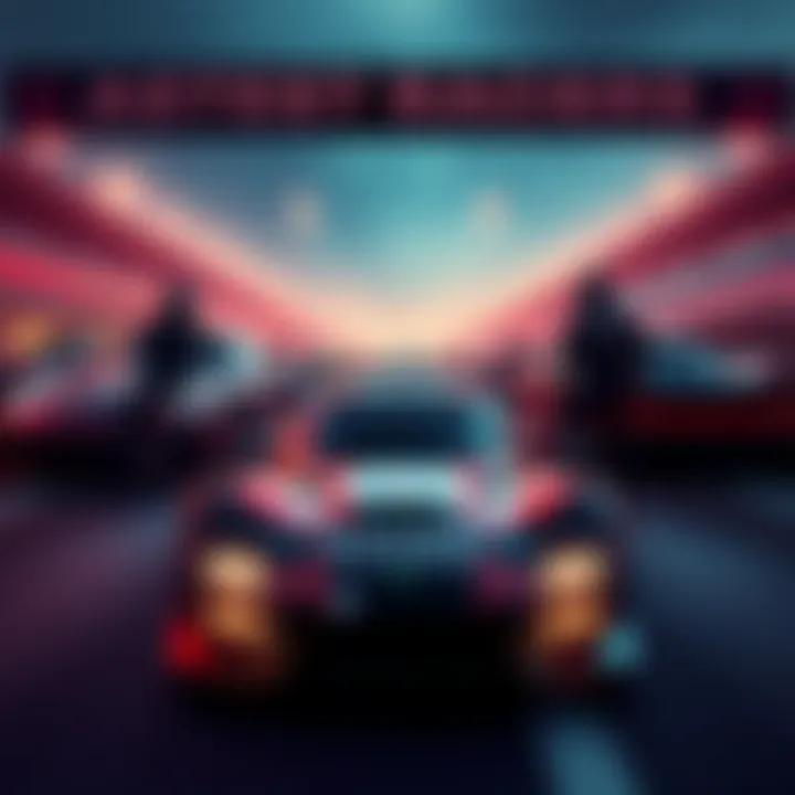 Four racers at the starting line with their cars, preparing for a race. Reaper's car appears to have mechanical issues, raising questions about his record.