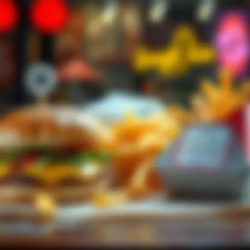 A fast food meal showing burgers and fries with labels indicating preservatives and additives