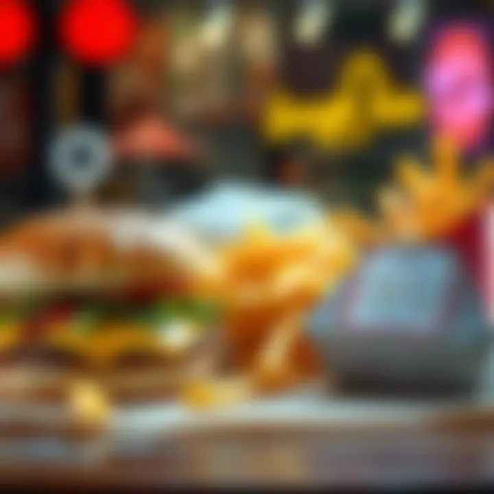 A fast food meal showing burgers and fries with labels indicating preservatives and additives