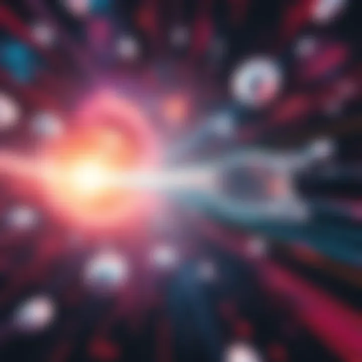 An artistic representation of deep particles manipulating space and time to achieve faster-than-light travel, with vibrant cosmic backgrounds and futuristic technology elements.