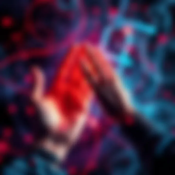 A mystical representation of fate intertwined with love, showcasing palmistry and heart symbols, rich with colors and textures conveying depth and emotion.