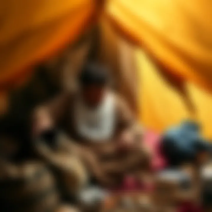 Ehab, a father from Gaza, sitting in a torn tent, looking sad and longing for his four children while surrounded by minimal belongings.