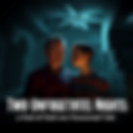 A father and son looking uneasy in a dimly lit basement, with shadows and strange shapes around them.