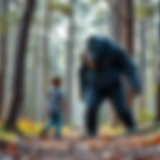 A father stands protectively in front of his son while facing a large Bigfoot in a wooded area in Oriental, Florida.