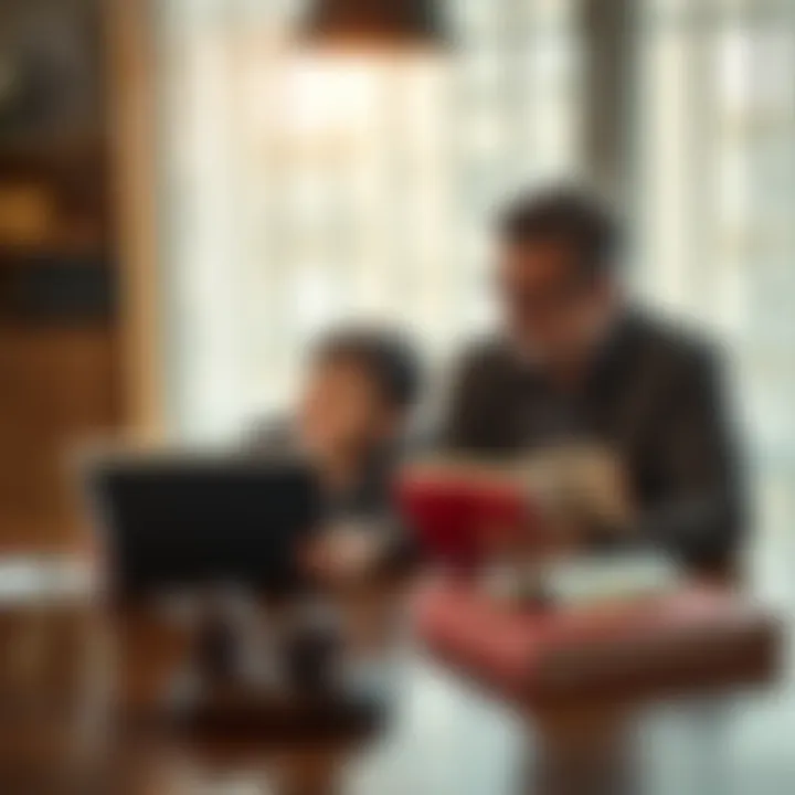 A father and son sitting together at a table, discussing law books and sharing a heartfelt moment, reflecting their strong bond and understanding.