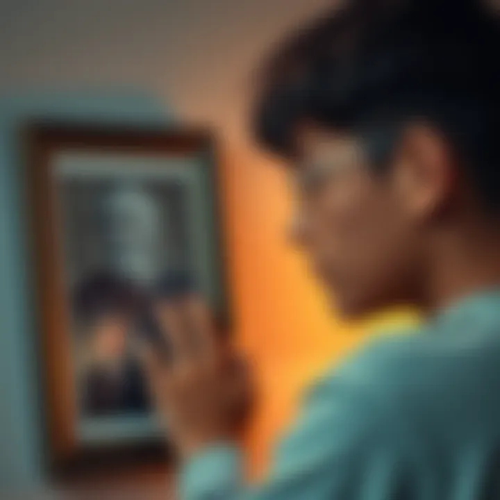A young man looking thoughtfully at a framed photo of his father, with a somber expression, reflecting on memories together