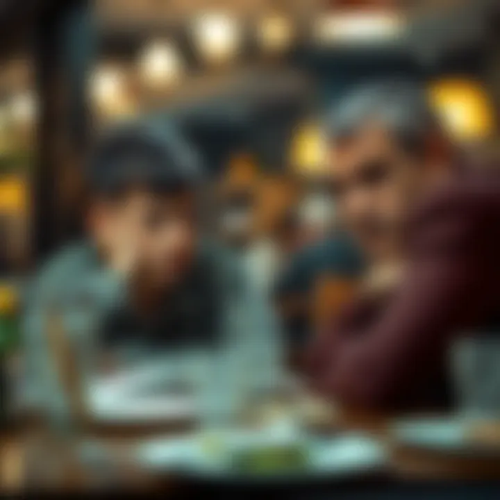 A young person looks worried while discussing plans with their father at a restaurant table, showing tension and emotional conflict.